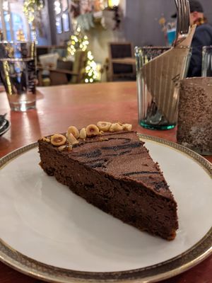 Chocolate mousse cake at Blackbird in Bruges