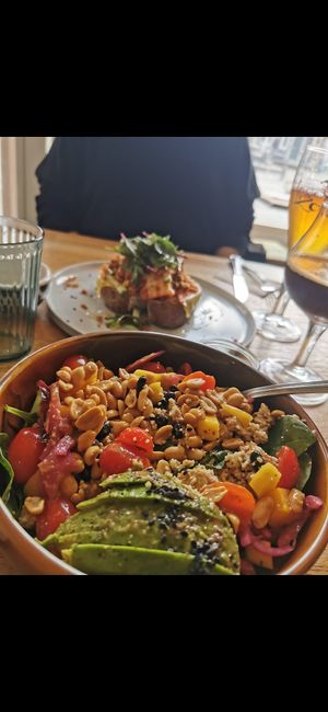 Kimchi toast (back) and happiness bowl (front) at Blackbird in Bruges