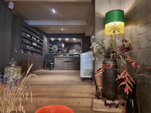 interior at the back - upstairs to go to toilet and counter at Blackbird in Bruges