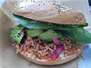 Close-up of bagel. at Blackbird in Bruges