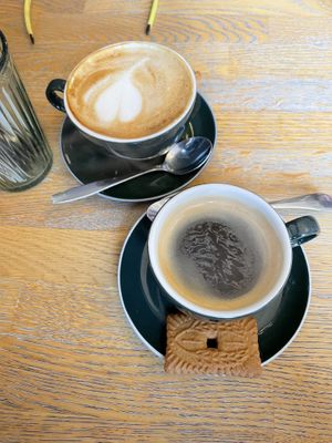 Flat white and long black   at Blackbird in Bruges