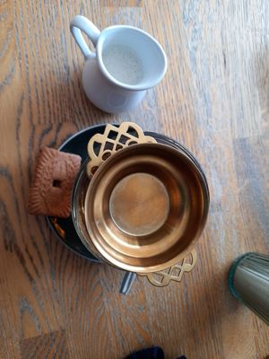 English Breakfast tea with oat milk at Blackbird in Bruges