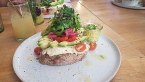 Avocado toast w/ tofu scramble at Blackbird in Bruges