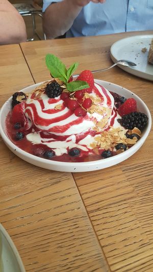 Berry pancakes (very tasty) at Blackbird in Bruges
