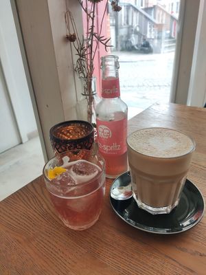 Coffee and rhubarb drink at Blackbird in Bruges
