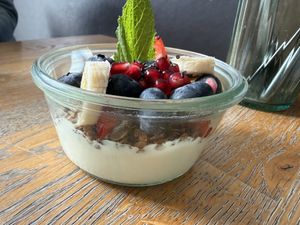 Yogurt, granola, and fruit  at Blackbird in Bruges