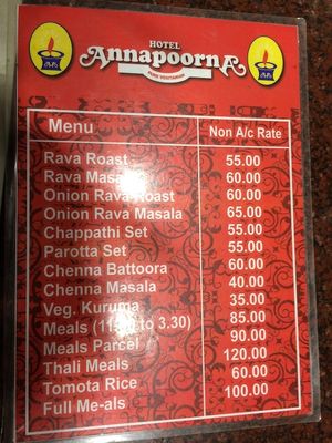 menu at Hotel Annapoorna in Thiruvananthapuram
