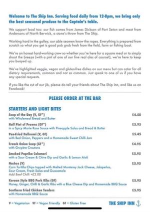 Menu 1/3 at The Ship Inn in North Berwick