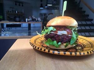 A vegetarian burger with beetroot and oats.. delicious! at Omam in Liberec