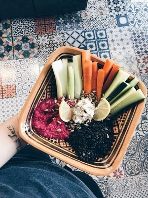 One of the vegan lunch during the week..
A bowl with beetroot hummus, beluga black lentil, cruydite, sunflower seeds.  at Omam in Liberec