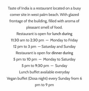 Hours at Taste of India in West Palm Beach
