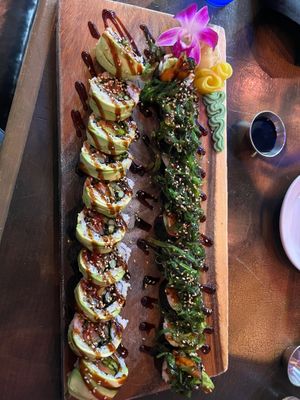 ordered the Omakaze and American Gothic rolls. You get to tell the chef what your diet preference is (vegan) and the omakase roll is whatever they throw together.  at Art Burger Sushi Bar in Myrtle Beach