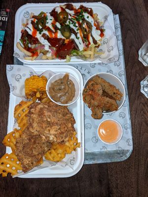 Rear; kebab fries. Front left Colonel Rodgers OG recipe. Front right Frickles at Knaves Kitchen in Leeds