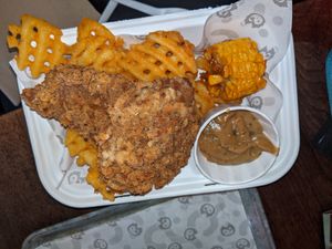 Colonel Rodgers OG recipe (seitan southern fried) with waffle fries at Knaves Kitchen in Leeds
