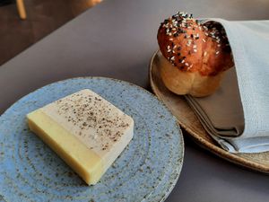 Fresh brioche and lion's mane fois gras with pear jam at Ark in Copenhagen