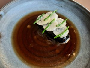 Coral tooth mushroom in mushroom broth at Ark in Copenhagen