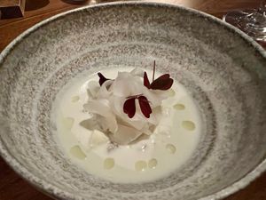 Macadam milk soup with many good things  at Ark in Copenhagen
