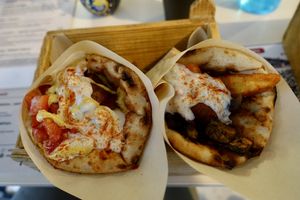 Mushroom Gyros pita and lendil Kebapp  at Cookoomela Grill in Athens