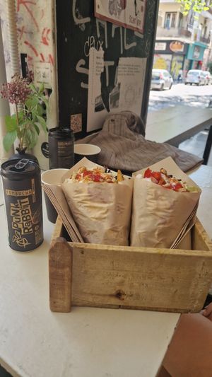 Kombucha and rainbow vegan souvlaki. at Cookoomela Grill in Athens