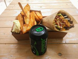 'Brown' gyro with potato wedges & Green Cola at Cookoomela Grill in Athens