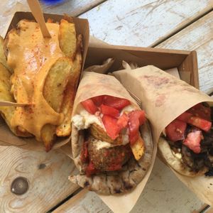 Potatoes, lentil kabab and red gyro  at Cookoomela Grill in Athens
