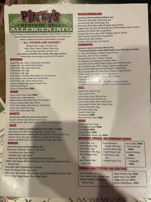Vegan food list  at Pinky's Westside Grill in Huntersville