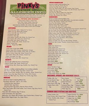 Allergen menu to see what can be removed for vegan at Pinky's Westside Grill in Huntersville