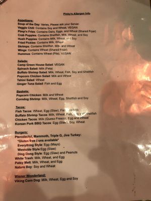 Allergen Info 3 at Pinky's Westside Grill in Huntersville
