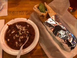 Veggie chili (ask for no cheddar) and falafel with hummus. at Pinky's Westside Grill in Huntersville