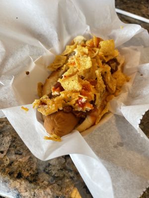 Vegan chili cheese dog with Fritos on top  at Pinky's Westside Grill in Charlotte