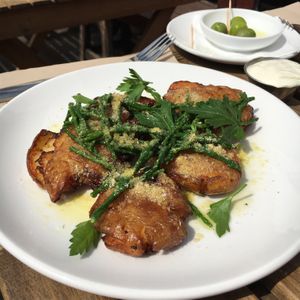 Crushed new potatoes, samphire, almond parmesan, lemon & parsley at The 78 in Glasgow