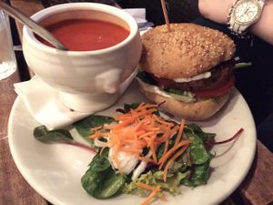 Vegan vegetarian 78 classic burger with tomato basil soup at The 78 in Glasgow