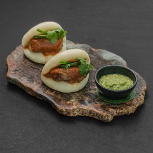 BAK PAO TERONG - (VEGAN POSSIBLE) Mushroom, eggplant & tofu steamed bun, green chili (2pcs) at Merah Putih in Seminyak