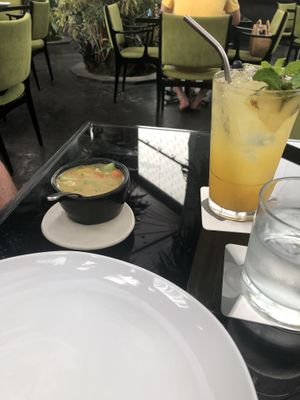 Mocktail with Pandan syrup and a complimentary soup at Merah Putih in Seminyak