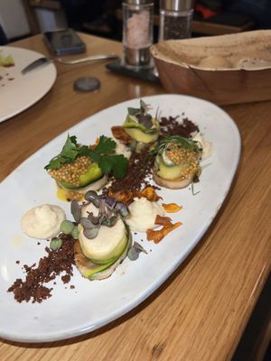 really nice vegan starter - zucchini roll with mushrooms and bean hummus   at Brunner in Schladming
