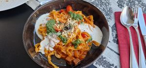 Noodles with tofu tomatoes and vegan cheese  at Brunner in Schladming