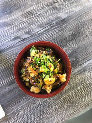 Vegan beef / white rice / veggies / spicy terryaki sauce at Purple Potato in Henderson