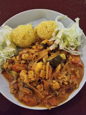 Coconut curry with rice at Chutney in Stockholm