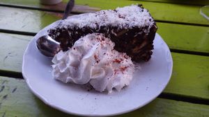 Raw coconut and chocolate cake at Chutney in Stockholm
