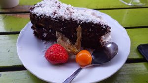 Raw coconut and chocolate cake at Chutney in Stockholm