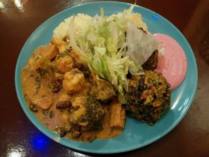 some indian stuff, mashed potatoes, vegetable balls, salad and beetroot sauce at Chutney in Stockholm
