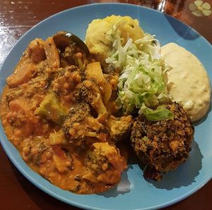 Lunch offer. Mashed potatoes, veggie stew and more. (vegan) at Chutney in Stockholm