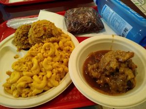 Mac and cheese, cornbread dressing, bread pudding and brownie at Sweet Soulfood in New Orleans