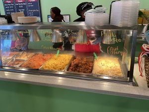 Hot food options - fried cauliflower, chickpea patties, jambalaya, cashew mac and cheese, sweet heat cauliflower (like sweet & sour tofu), Philly pasta (with a rich cashew sauce) at Sweet Soulfood in New Orleans