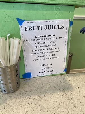 Fruit juice options - green goddess, pineapple mango, strawberry lemonade, soursop and ginger at Sweet Soulfood in New Orleans