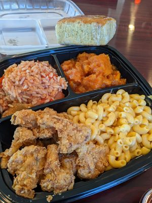 Cauliflower bites, Mac, jambalaya, sweet potatoes. at Sweet Soulfood in New Orleans