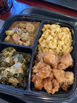 Greens, okra gumbo, Mac and cheese, orange cauliflower   at Sweet Soulfood in New Orleans