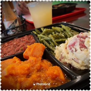 Sweet soulfood is so delicious. Red beans and rice, sweet potatoes, garlicky green beans, potato salad and a refreshing soursop and ginger punch. This was all gf -huge portions    at Sweet Soulfood in New Orleans