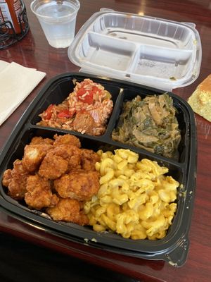 Four choices plate: jambalaya/ collard greens / Mac n cheese / sticky cauliflower (OMG!)  at Sweet Soulfood in New Orleans
