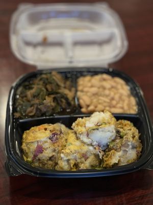 Shepherds pie, beans and rice and greens   at Sweet Soulfood in New Orleans